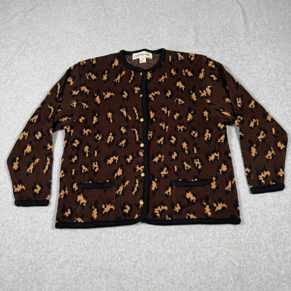 Vintage 80s Crystal-Kobe Leopard Print Cardigan Sweater Gold Buttons Size L